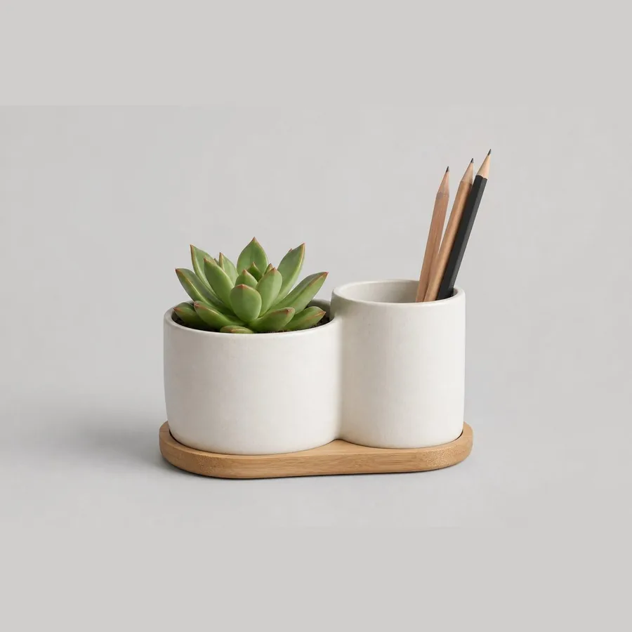 Desk Plant Pot with Pen Holder (Ceramic, 4" with Bamboo Tray)