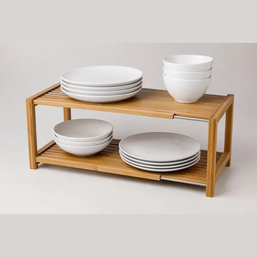 Cabinet Shelf Riser (Expandable Bamboo, Set of 2)