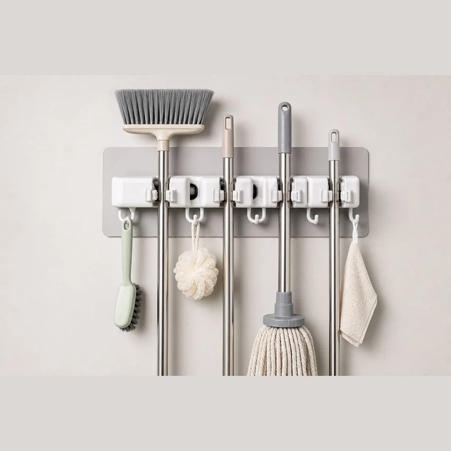 Broom and Mop Holder (Wall Mount, 5-Position with 6 Hooks)