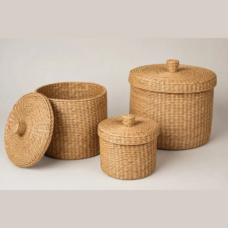Woven Storage Basket with Lid (Natural Seagrass, 3 Sizes)