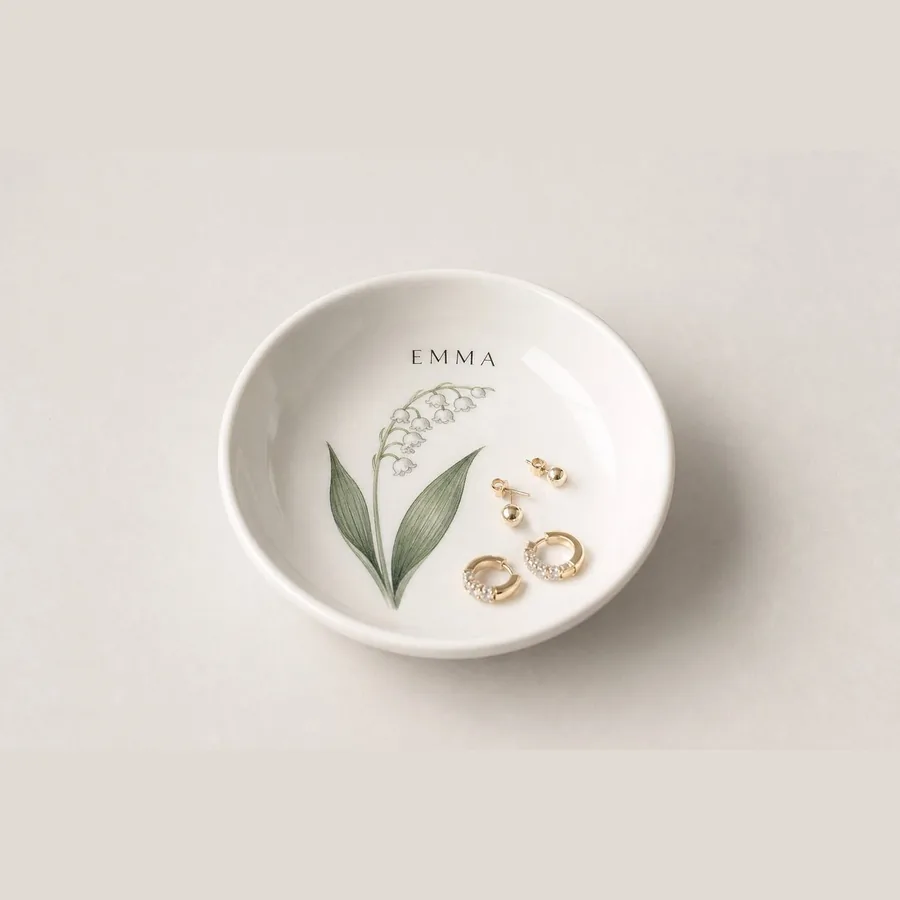Custom Birth Flower Trinket Dish (Ceramic, Personalized Name)