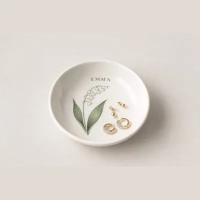 Custom Birth Flower Trinket Dish (Ceramic, Personalized Name)